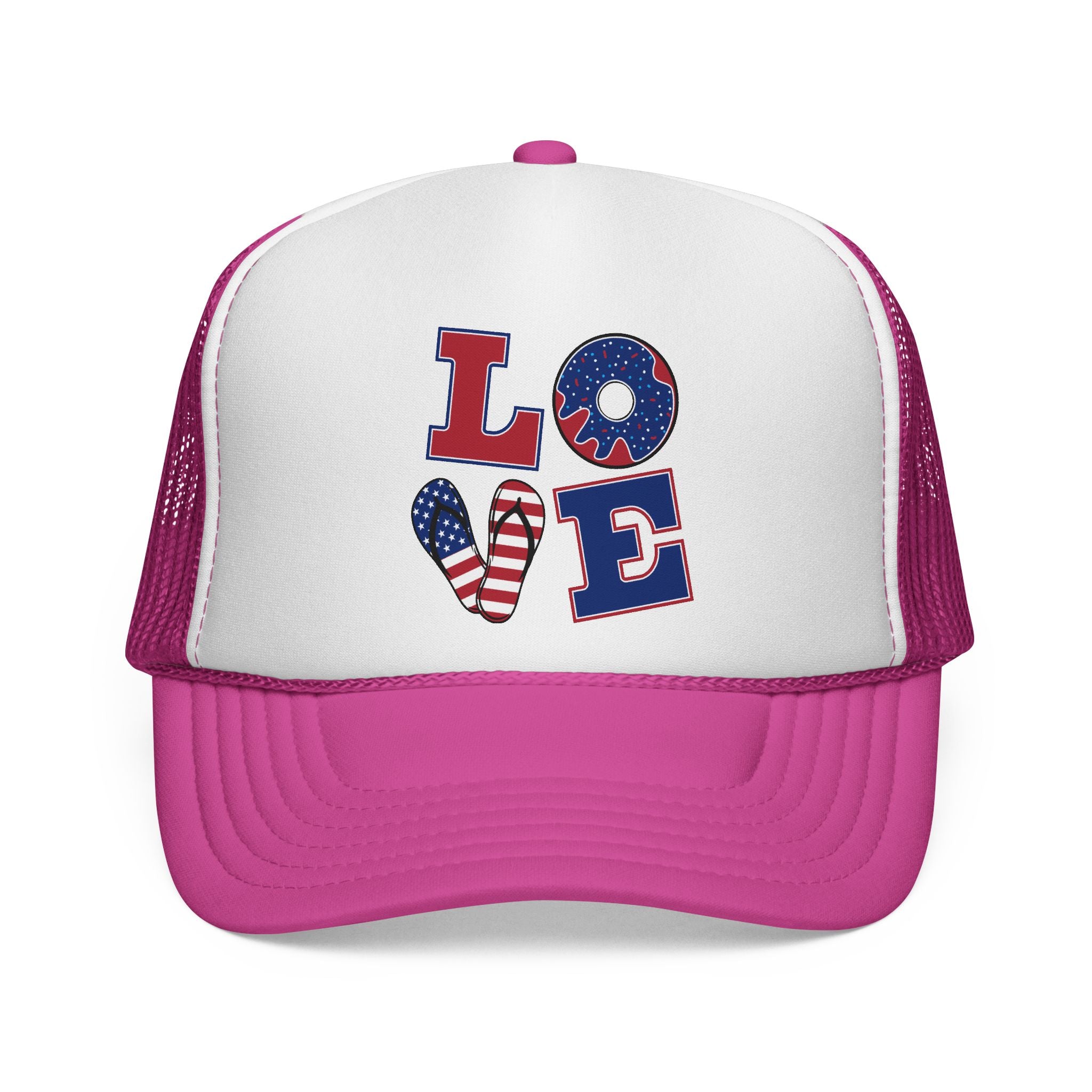 Trucker Cap — "LOVE" Patriotic USA Flag Design (Red White Blue)