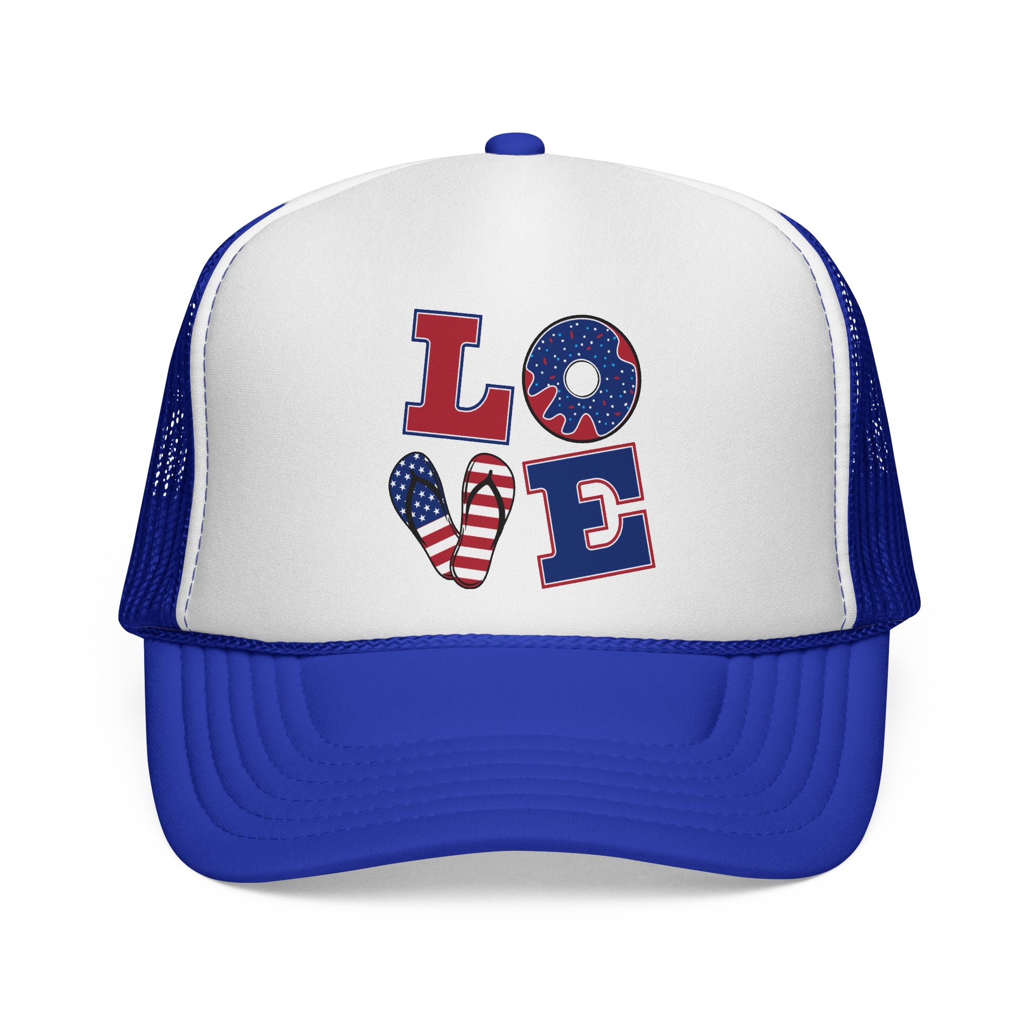 Trucker Cap — "LOVE" Patriotic USA Flag Design (Red White Blue)