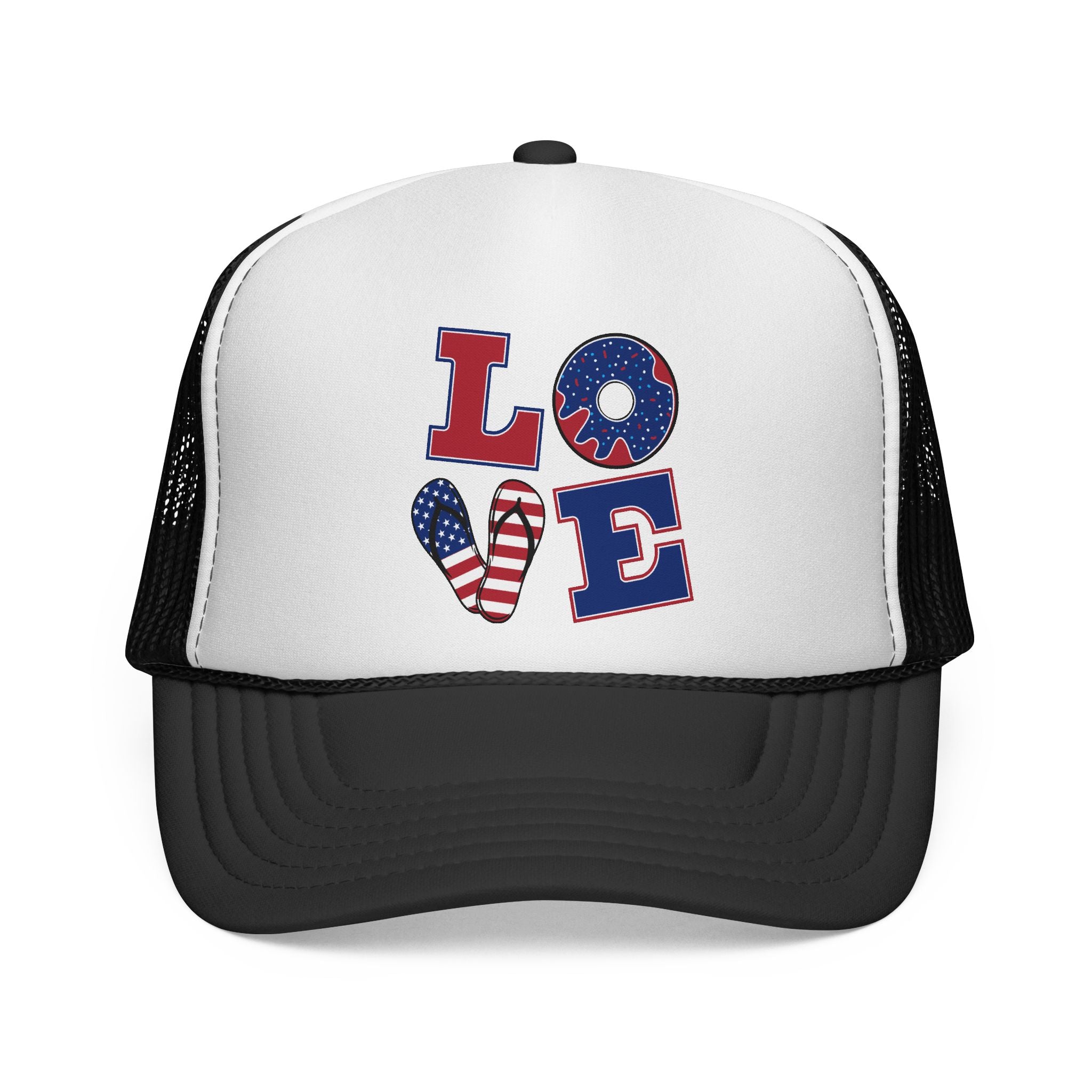 Trucker Cap — "LOVE" Patriotic USA Flag Design (Red White Blue)