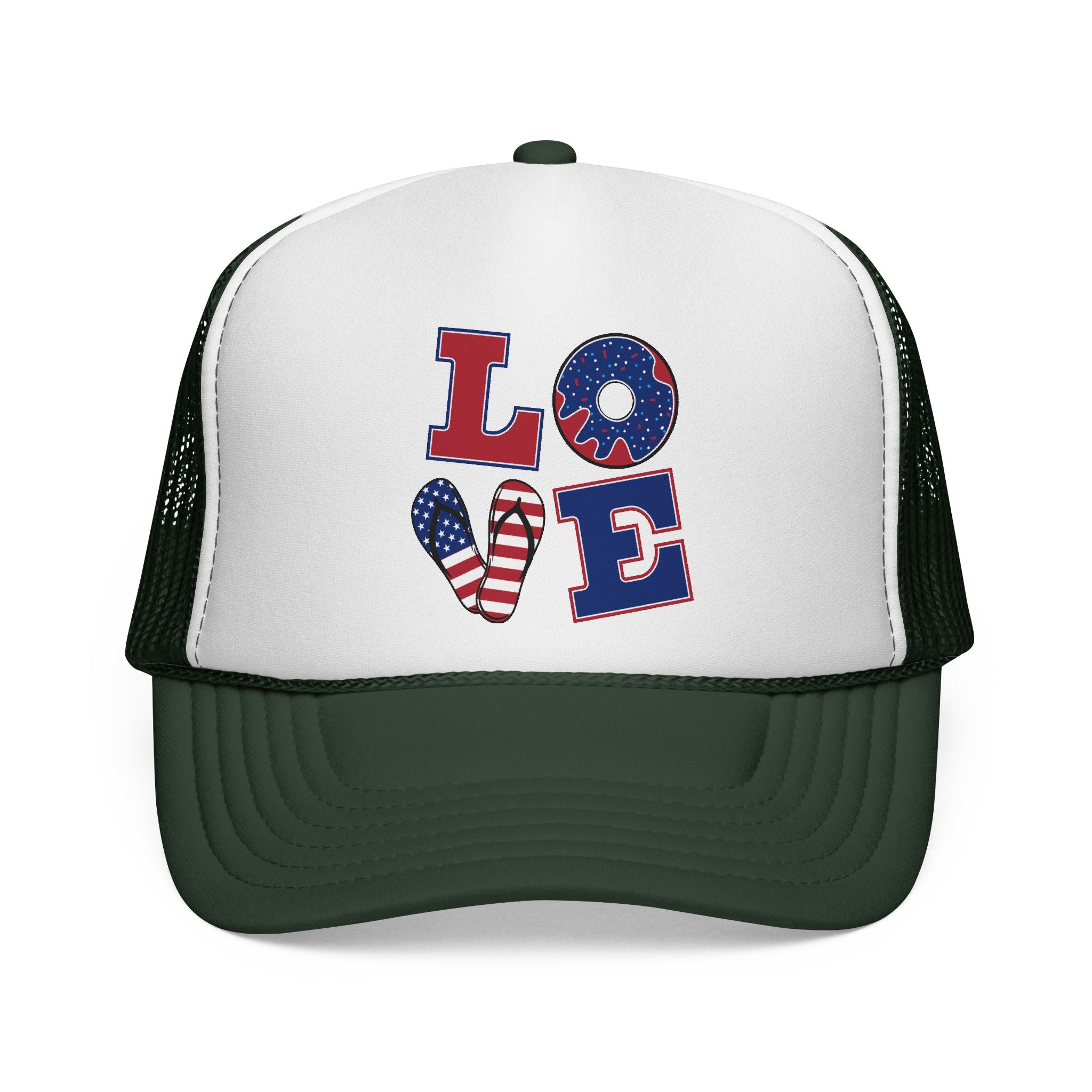 Trucker Cap — "LOVE" Patriotic USA Flag Design (Red White Blue)