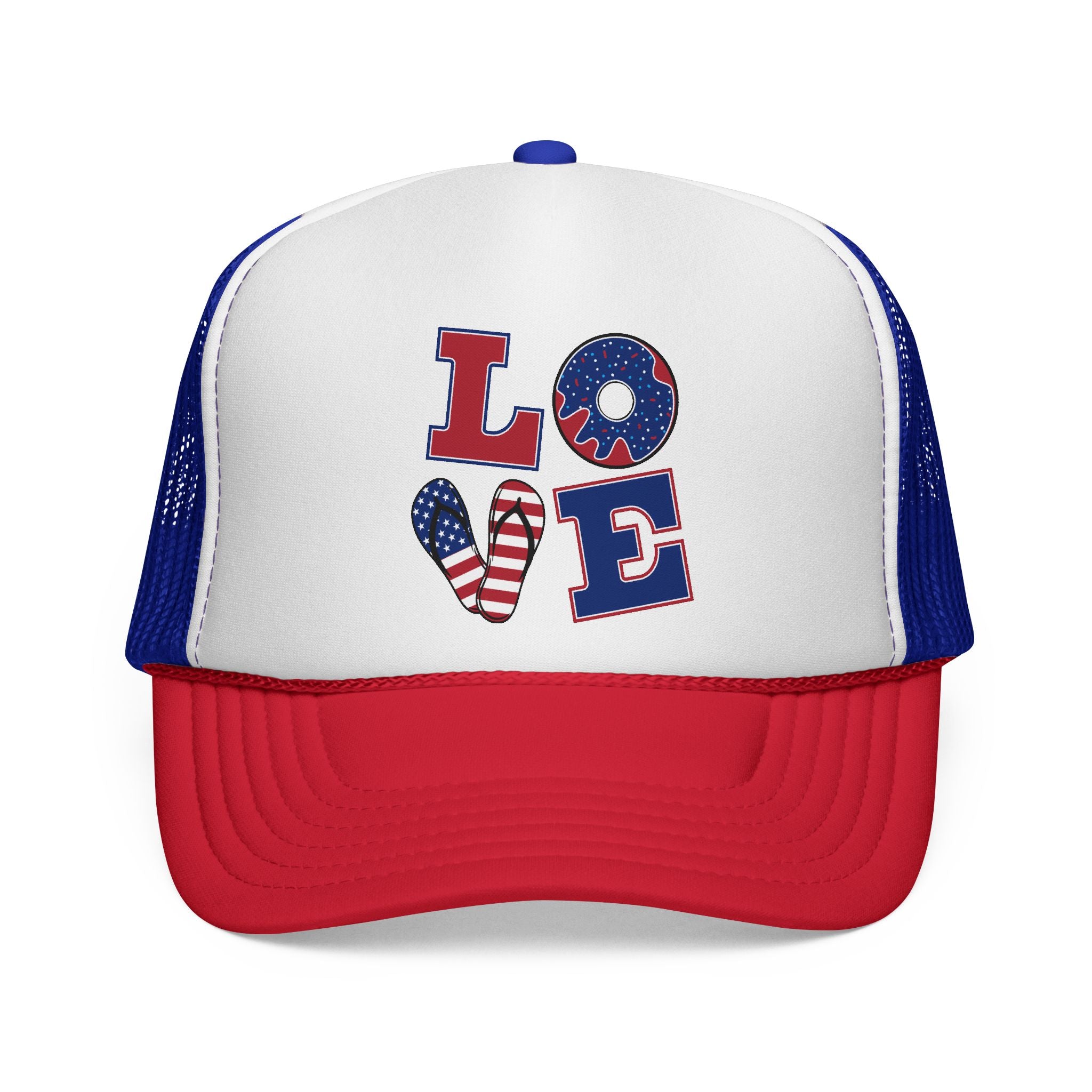 Trucker Cap — "LOVE" Patriotic USA Flag Design (Red White Blue)