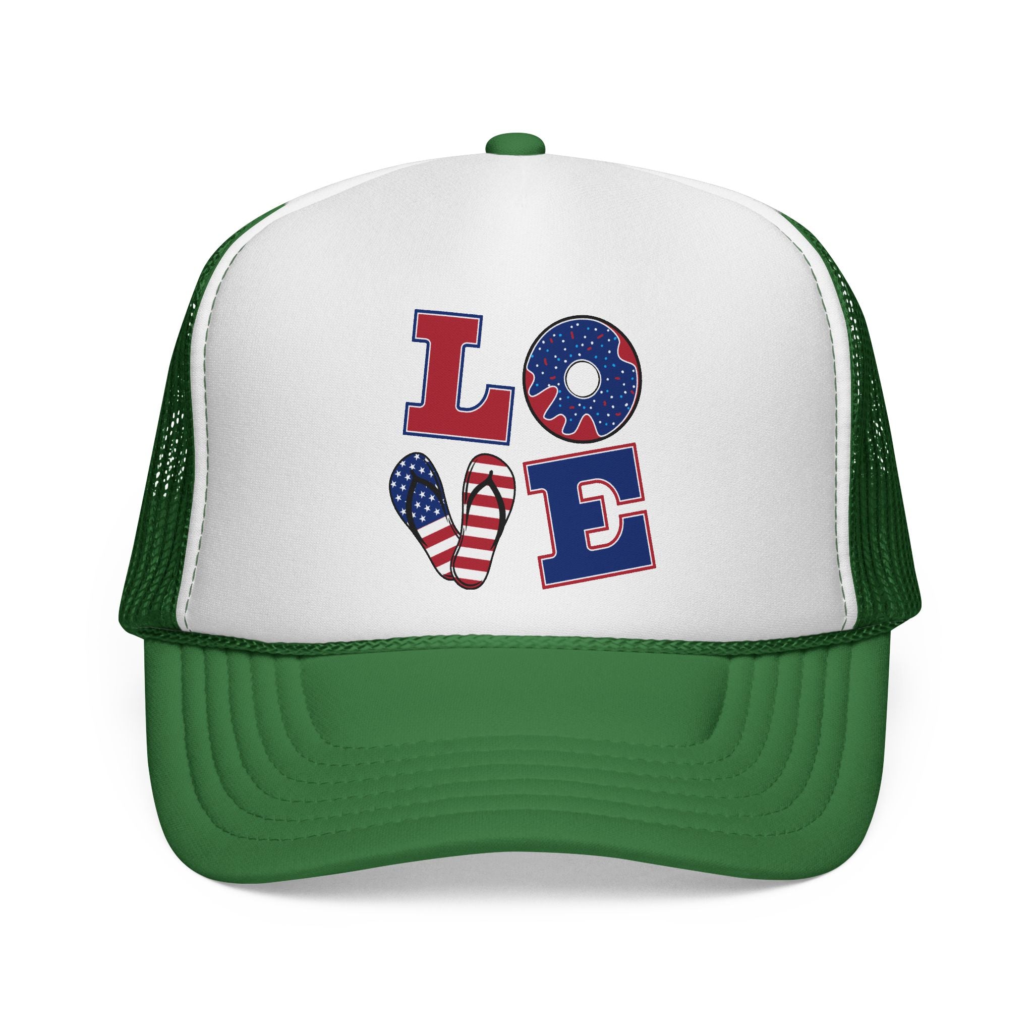 Trucker Cap — "LOVE" Patriotic USA Flag Design (Red White Blue)